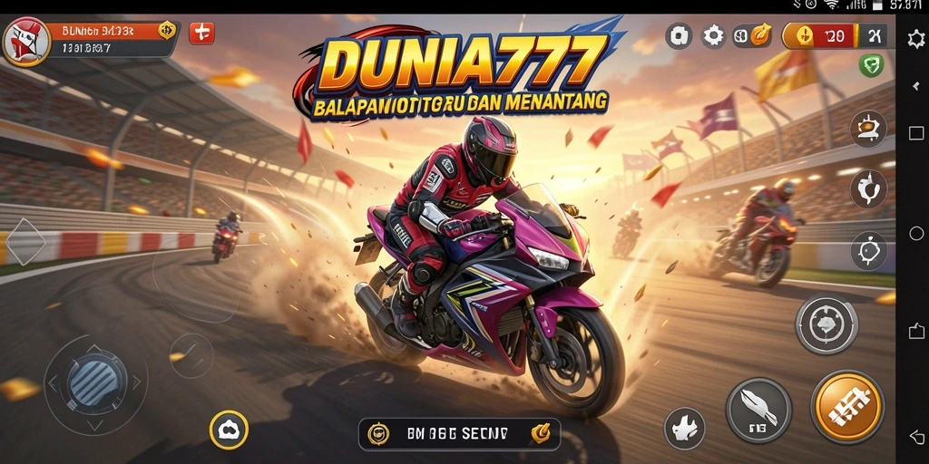 Screenshot gameplay balapan motor yang penuh aksi dari DUNIA777.
