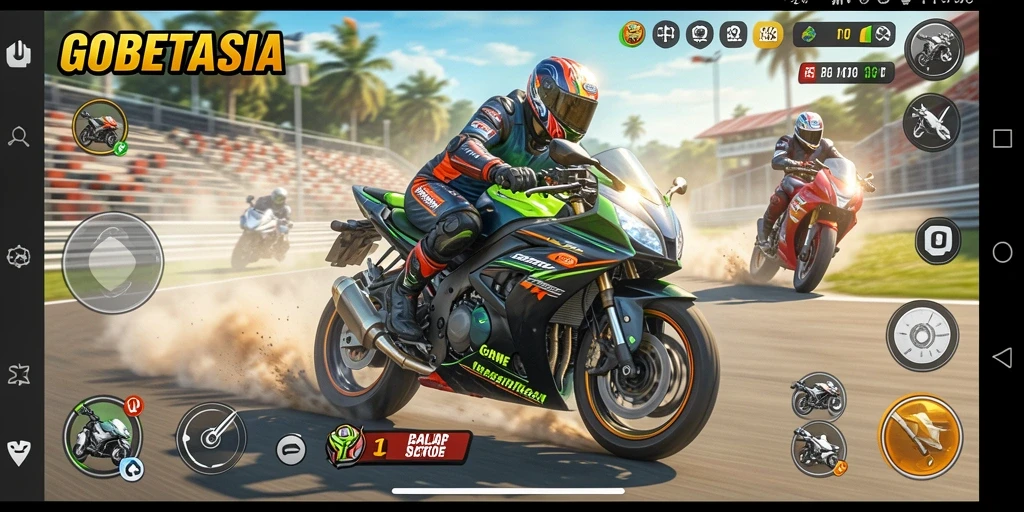 Gameplay seru GOBETASIA menampilkan balapan motor yang menegangkan dan kompetitif.