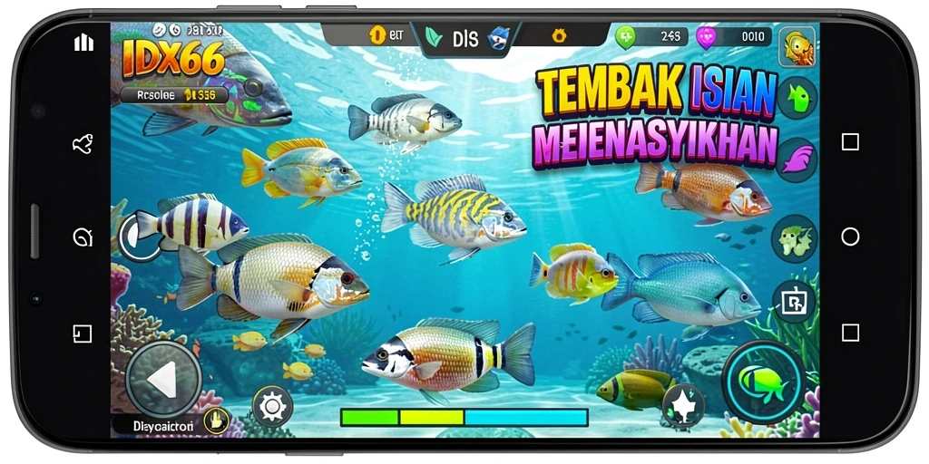 Tampilan dinamis dari gameplay Tembak Ikan di IDX66.