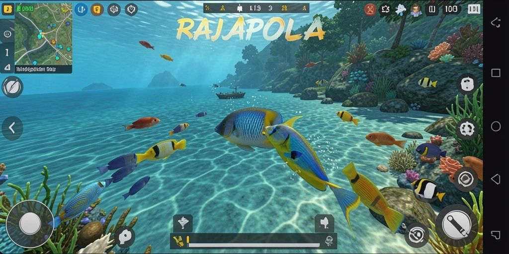 Tampilan gameplay RAJAPOLA yang menakjubkan saat menangkap ikan.