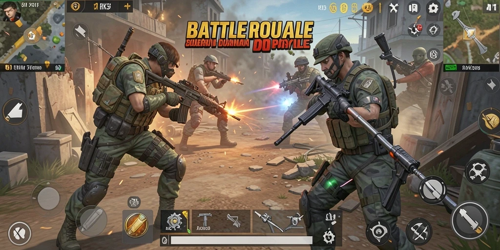 Screenshot gameplay RK55 yang menggambarkan pertempuran seru Battle Royale.