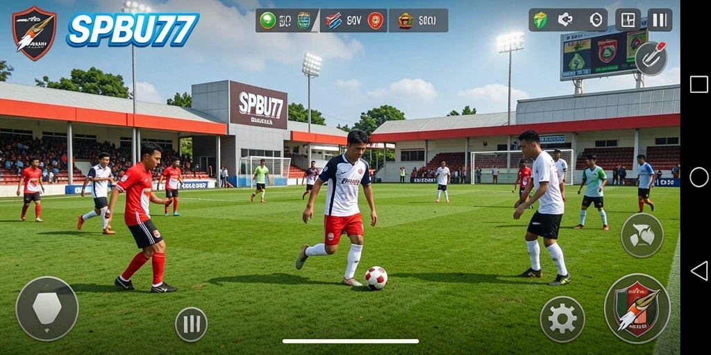 Screenshot utama SPBU77 menampilkan pemain dalam aksi dribble di lapangan sepak bola.